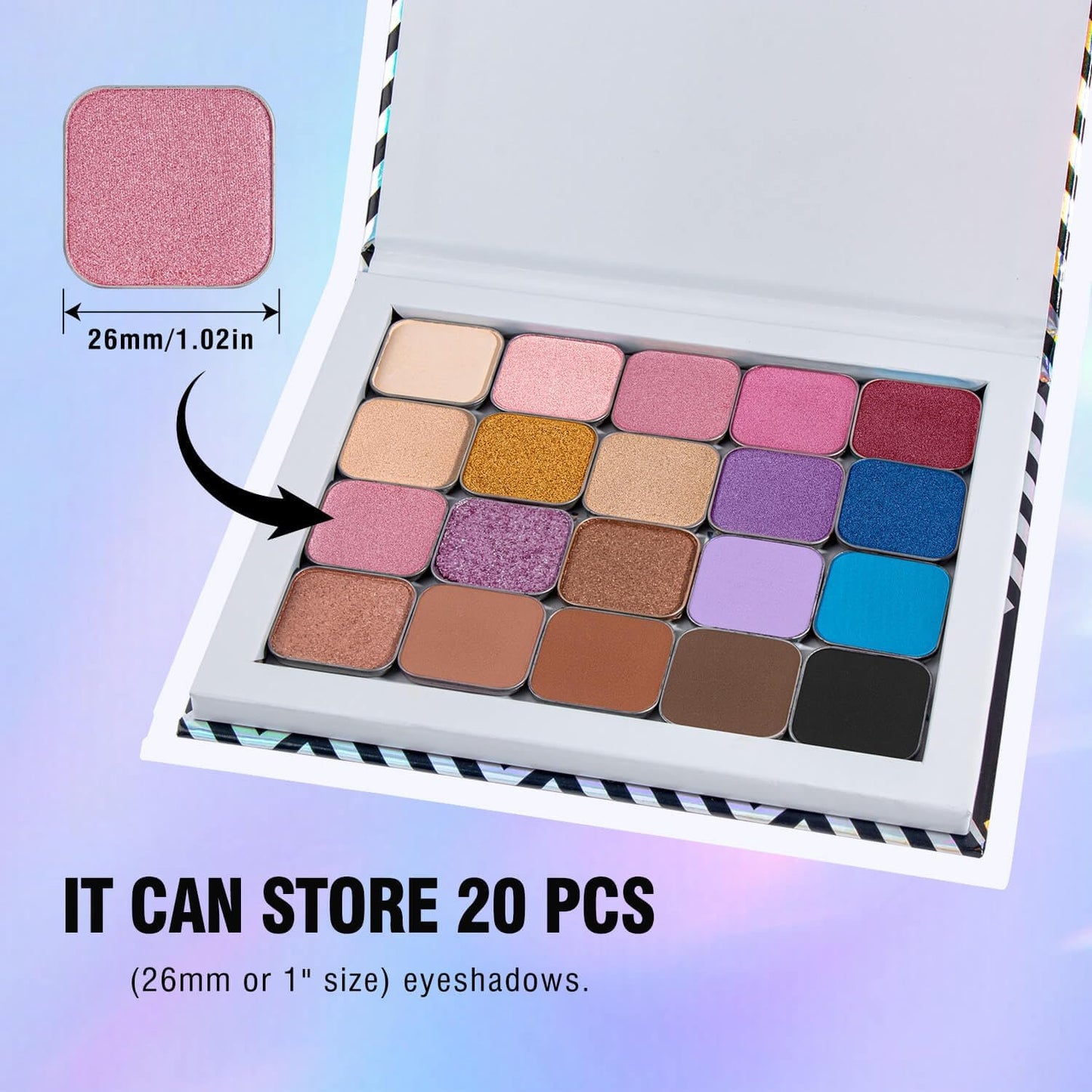 Empty Magnetic Makeup Palette with Mirror, Spatula, 20 Metal Stickers, Suitable for Eyeshadow Lipstick Blush Powder Highlighter and Contour, DIY Refillable, Holographic Stripes (Black, Medium)-Velvo Beauty