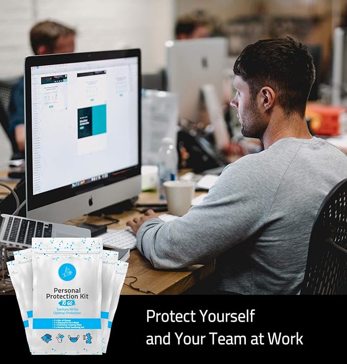 Personal Protection Kit TO GO, Mini 4 Item PPE Kit for travel and school | Includes 1 Each of Face Covering, Gloves, Cleansing Wipes & Hand Cleansing Gel | 10 - Pack (Light Blue)-Velvo Beauty