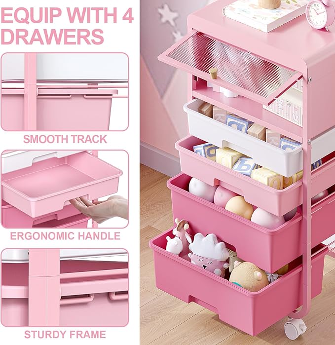 Utility-Rolling-Storage-Drawer-Craft-Cart-Organizers with 4 Drawers & Dust-Proof Door for Kid Craft Art Room,Bedroom,Home Office, Classroom, Rose Pink-Velvo Beauty