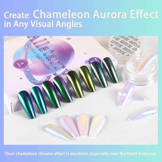 Allstarry White Chrome Nail Powder, 4 PCS Color-Shift Chameleon Mica Powder Aurora Chrome Effect Glitter Dust Iridescent Pearlescent Pearl Pigment for Gel Polish Nail Art Decoration, Resin Craft-Velvo Beauty