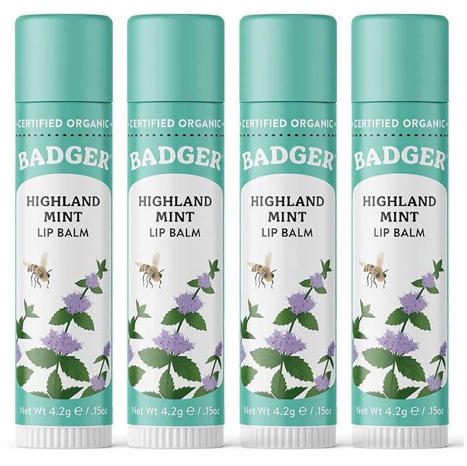 Badger - Classic Lip Balm, Highland Mint, Made with Organic Olive Oil, Beeswax & Rosemary, Certified Organic, Moisturizing Lip Balm, 0.15 oz (4 Pack)-Velvo Beauty