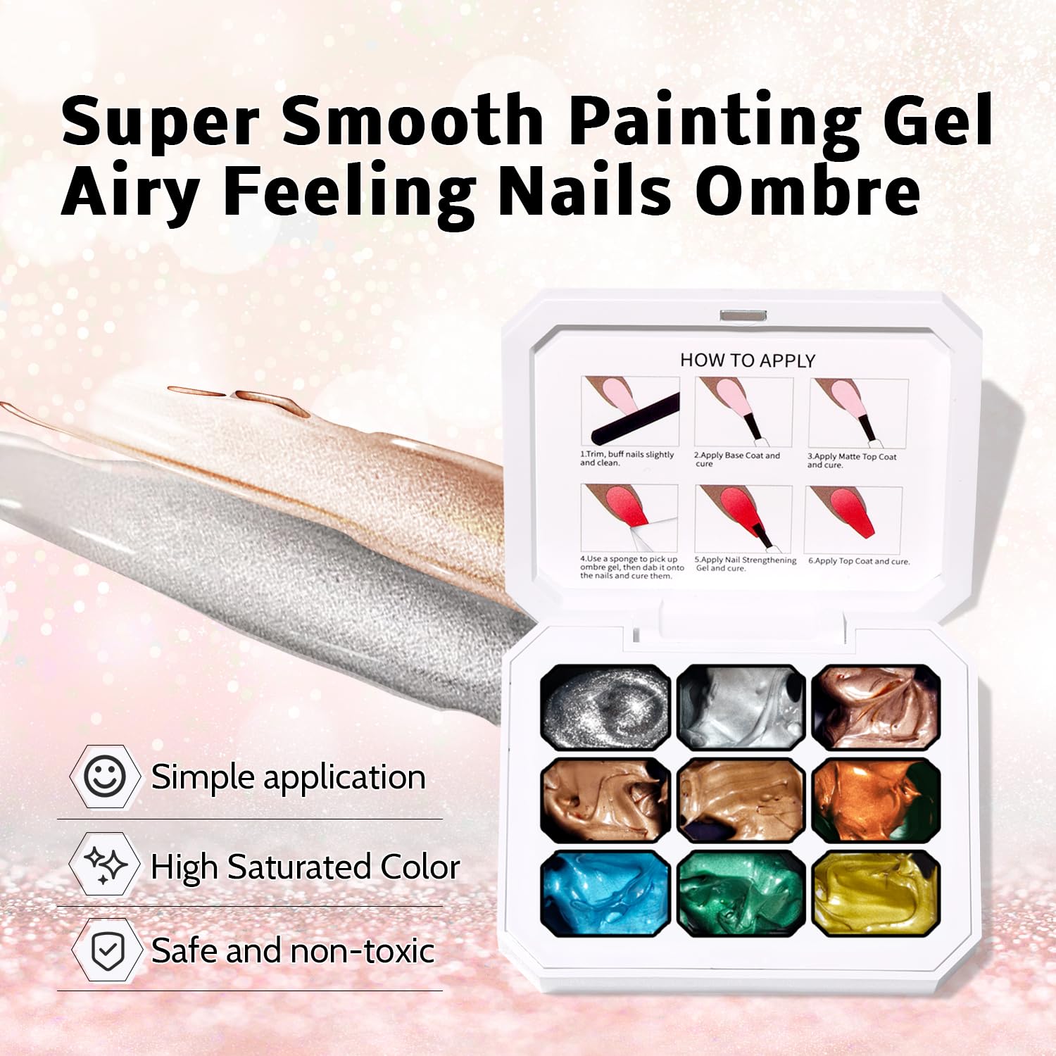 Sponge Pat Paint Nail Gel, 9 Colors Ombre Nails Gradient Gel Nail Blush Blooming Aura Nails Drawing Stripper Floral Painting Nail Art, No Wipe, UV/LED Curing (9 Colors M)-Velvo Beauty