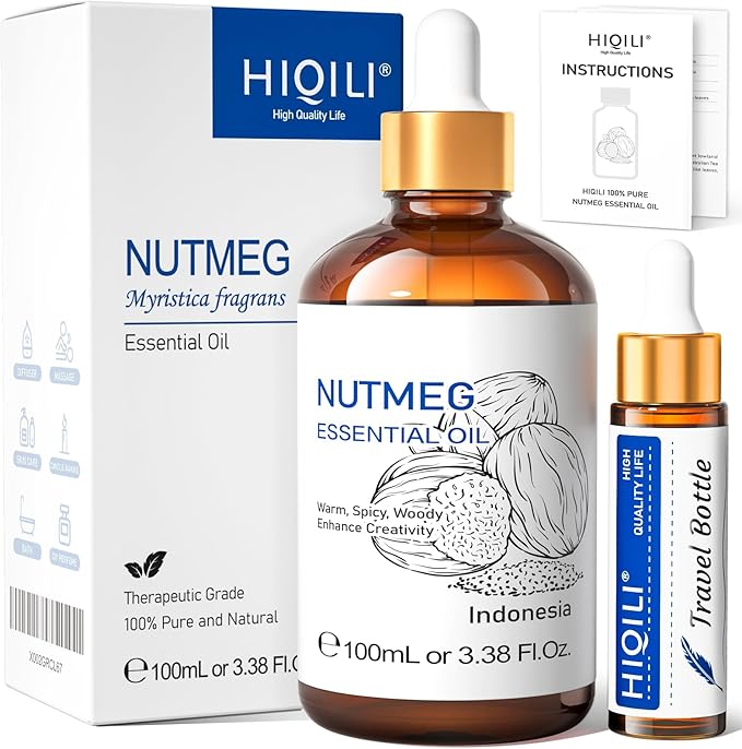 HIQILI Nutmeg Essential Oil 3.38 Fl Oz, Pure Natural Nutmeg Oil for Aromatherapy, Diffuser - 100ml-Velvo Beauty