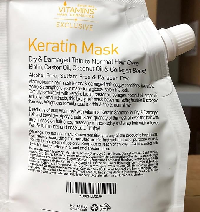 VITAMINS hair cosmetics Keratin Hair Mask - Deep Repair Conditioner with Biotin & Castor Oil - For Damaged, Dry, Curly, Straight, Thin & Fine Hair - Intense Collagen Protein Treatment-Velvo Beauty