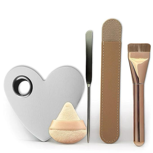Makeup Brush Set - Flat Foundation Brush, Blender Sponge, Face Spatula, Puff & Heart-Shaped Mixing Palette with Leather Case – Complete Face Makeup Tool Kit for Blending, Foundation & Application-Velvo Beauty