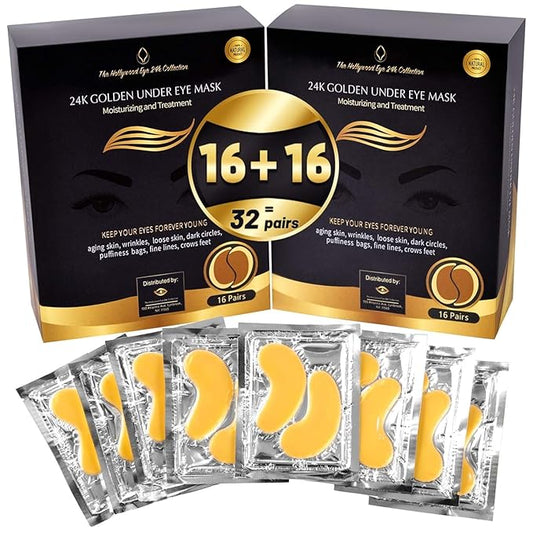 24K Gold Under Eye Patches, Eye Mask,Eye Patches for Puffy Eyes and Dark Circles, Eye Masks Skincare (32 pairs pack of 2 boxes)-Velvo Beauty