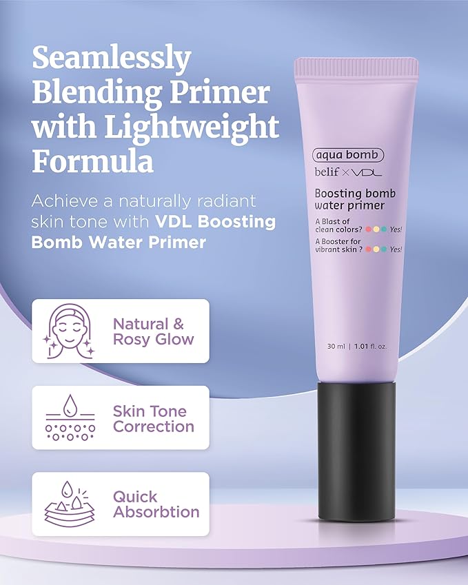 VDL Boosting Bomb Water Primer (Natural Finish, 1fl oz) - Makeup Base, Natural Radiance Booster. Smooth & Even Skin Tone, Moisturizer. Korean Skin Care for Perfect Canvas. Vegan Formula Cream,-Velvo Beauty