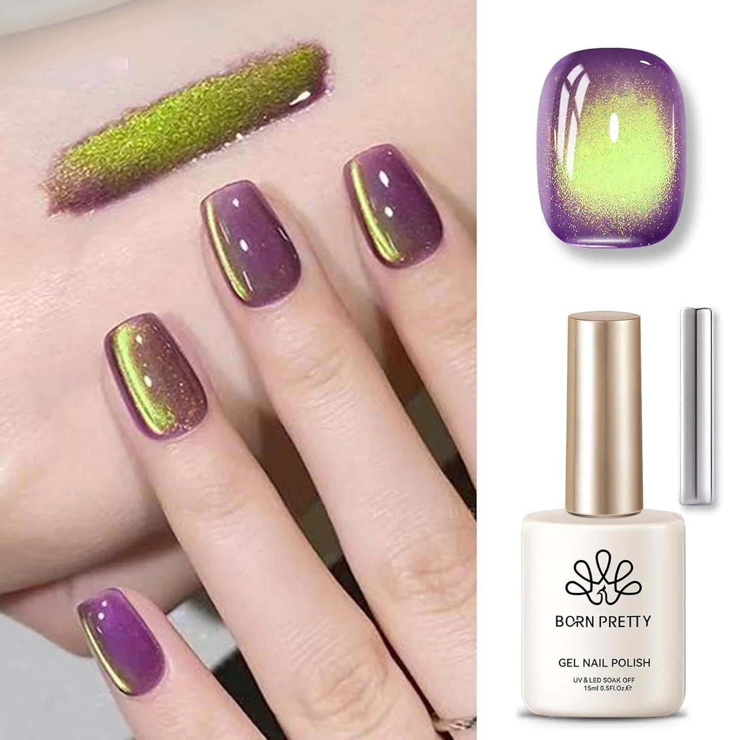 BORN PRETTY Cat Magnetic Eye Gel Nail Polish, Magenta Yellow Cat Glitter Cat Magnetic Gel Nail Polish Honey Trap Magnetic Nail Polish for Nail Art Manicure Salon DIY at Home 15ML-Velvo Beauty