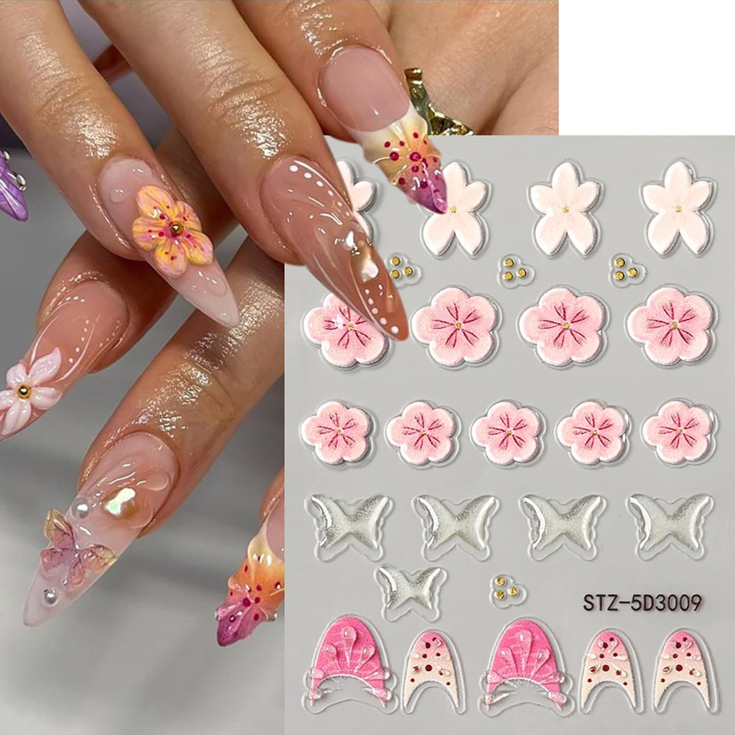 6 Sheets Flower Nail Art Stickers 5D Self-Adhesive Nails Sticker Floral Butterfly Nail Art Decals Holographic Decal Decoration for Women Golden Bow Manicure Stickers DIY Nail Sticker Supplies-Velvo Beauty