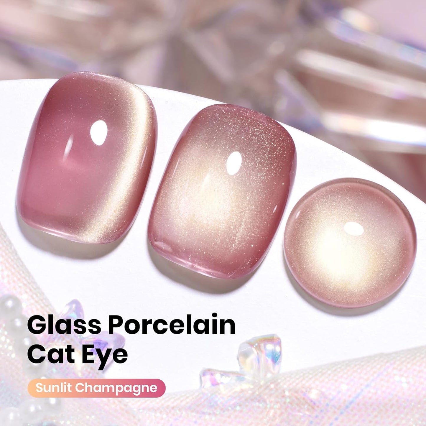 Beetles Pink Cat Eye Gel Nail Polish - 15ML Peach Pink Glass Cat Eye with Gold Powder Magnetic Glitter Gel Polish Soak Off UV Salon DIY French Nail Art Sunlit Champagne Collection Gift for Women-Velvo Beauty