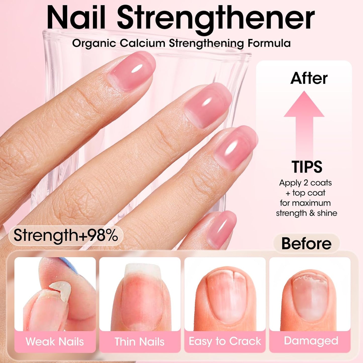 GELLEN 4-In-1 Clear Nail Polish Base Coat Dusty Pink Tint, Sheer Rose Ridge Filler For Nails, Nail Strengthener Concealer, Calcium Formula Smoothes Strengthens Nails, Enhances Natural Look, HEMA Free-Velvo Beauty