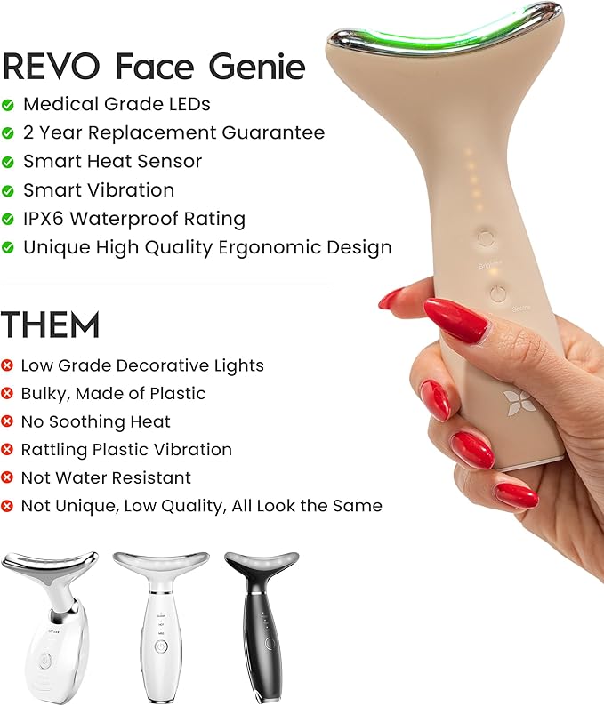 REVO Genie | Face & Neck Beauty Massager with Ultra Powerful LEDs for Wrinkles, Fine Lines, Puffy Skin, Uneven Skin Tone, Lymphatic Drainage, Lifting & Firming Facial Sculpting Tool with Light Therapy-Velvo Beauty