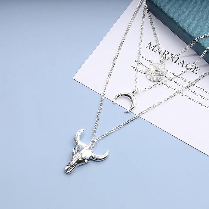Boho Layered Moon Necklace Silver Compass Disc Pendant Necklace Chain Cow Evil Eye Charm Necklace Jewelry for Women-Velvo Beauty