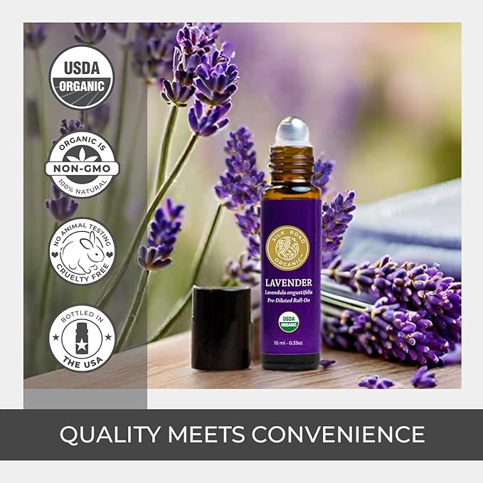 Silk Road Organic Lavender Essential Oil Roll On, Lavandula Angustifolia, 100% Pure USDA Certified Aromatherapy for Calming, Relaxation & Skin - 10 ml Roller - Always Pure, Always Organic-Velvo Beauty