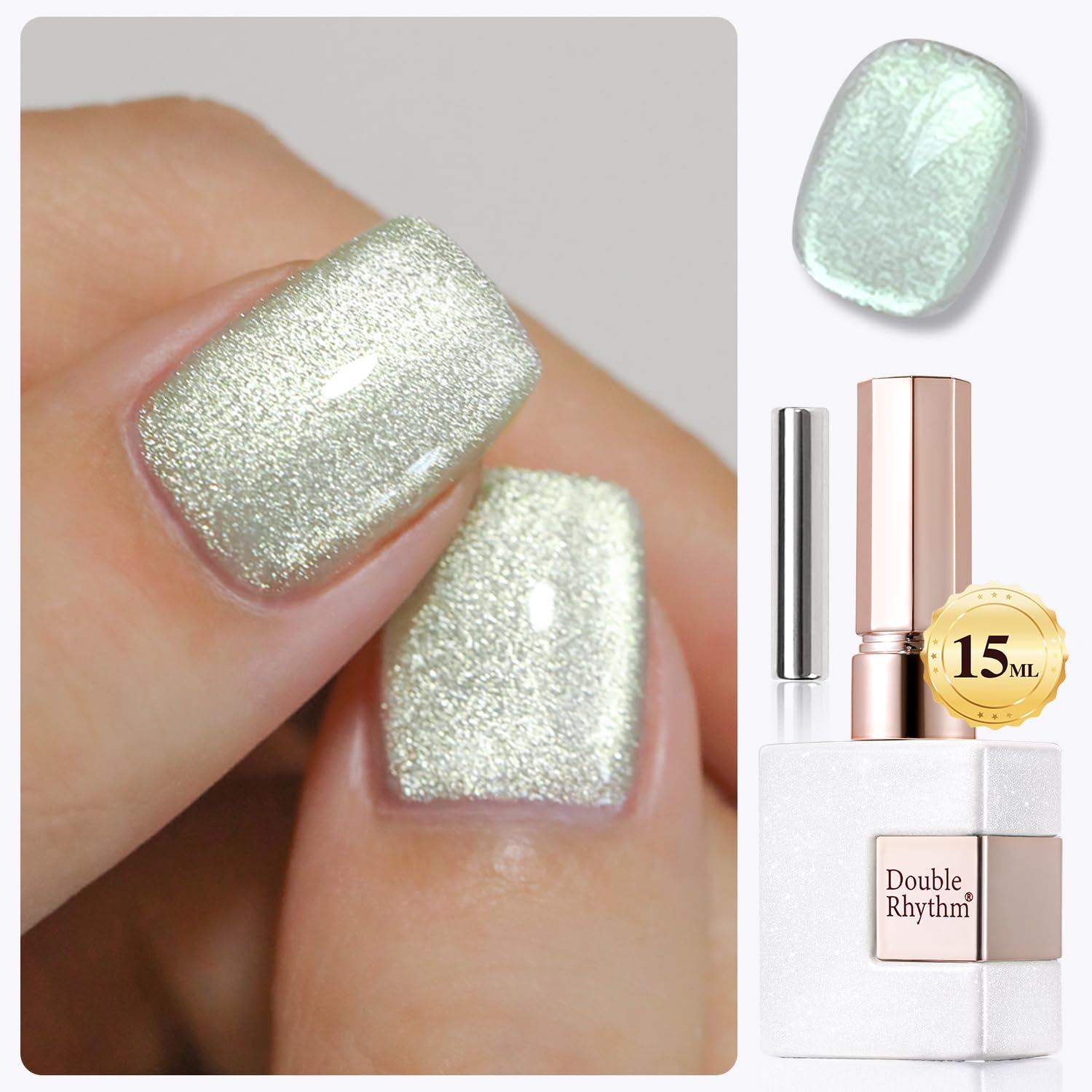 Double Rhythm 15ML Cat Eye Gel Polish with Magnet Holographic Glitter Shimmer Translucent Sheer Color Salon Ice Glass Magnetic Gel at Home (Green-MC1141)-Velvo Beauty