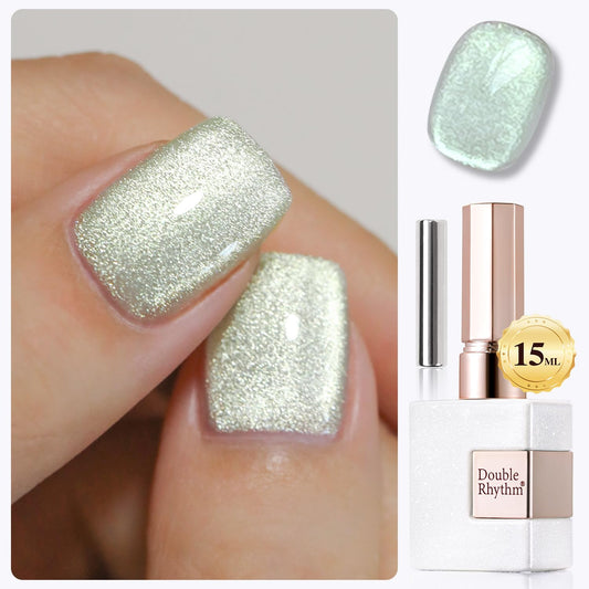 Double Rhythm 15ML Cat Eye Gel Polish with Magnet Holographic Glitter Shimmer Translucent Sheer Color Salon Ice Glass Magnetic Gel at Home (Green-MC1141)-Velvo Beauty