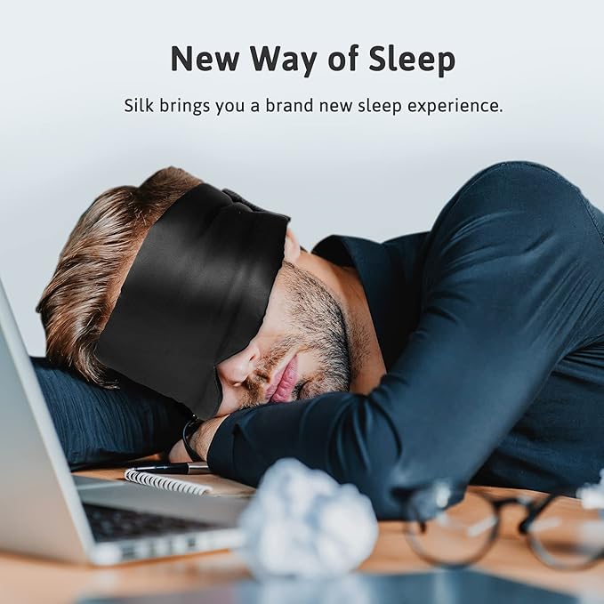 Silk Sleep Mask for Women Men, Mulberry Silk Eye Sleeping Mask & Blindfold with Adjustable Velcro Strap, Blackout Eye Cover for Sleep Travel Yoga Nap, Large Size, Black-Velvo Beauty