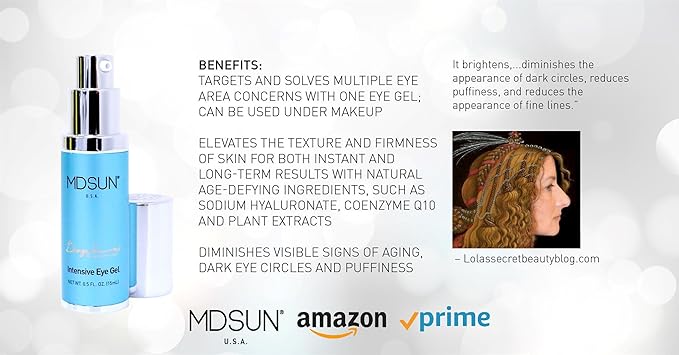 MDSUN Intensive Eye Gel, Alcohol Free, Support Natural Collagen, Keep Skin Moisturized, Radiant & Reduce Lines, Wrinkles, Puffiness, Dark Circles, 15mL-Velvo Beauty