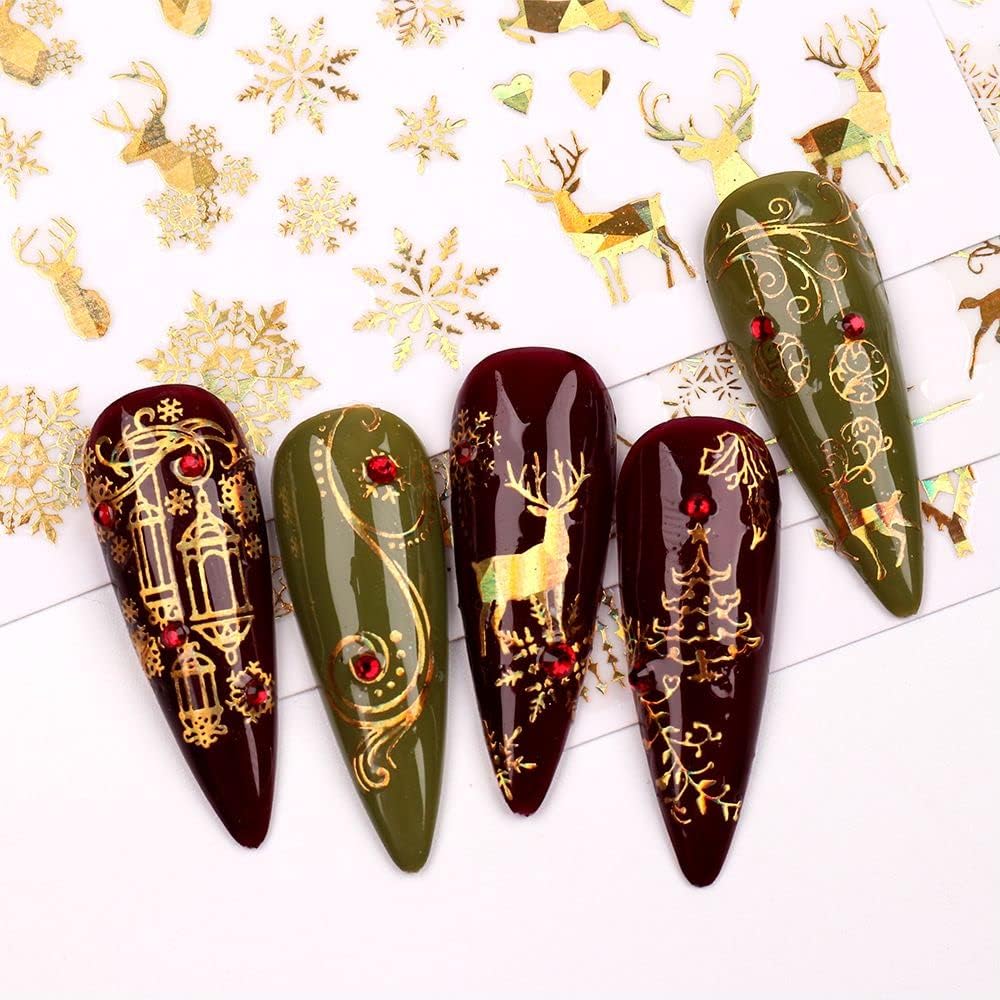 9 Sheets Christmas Nail Art Stickers Decals Self-Adhesive Pegatinas Uñas Holiday Glod Laser Snowflakes Snowman Nail Supplies Nail Art Design Decoration Accessories-Velvo Beauty