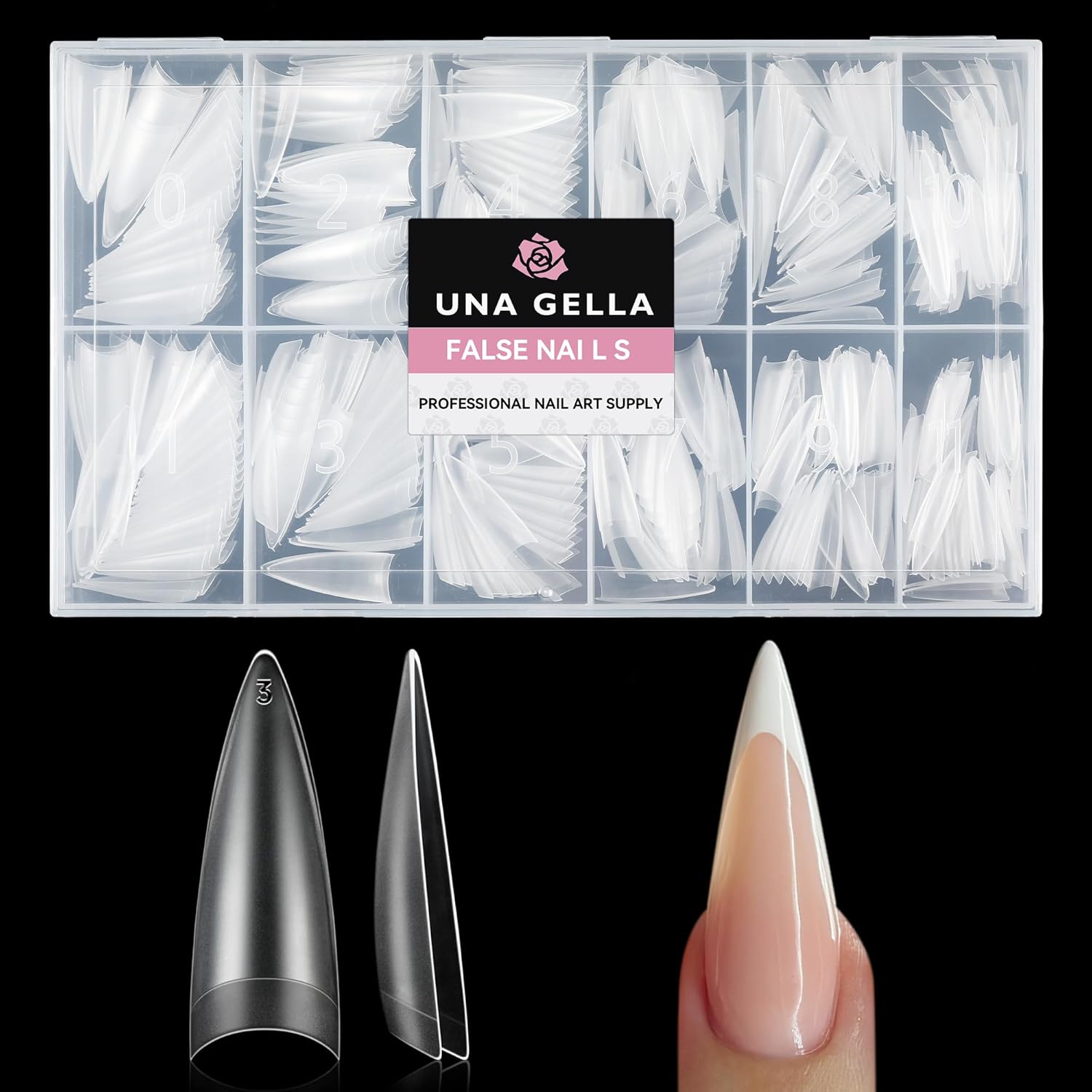 UNA GELLA Stiletto Gel Nail Tips 504pcs Long Stiletto Almond Clear Curved Nails Tips Half Cover False Fake Nails for DIY Press On Nails Extension Art Salon 12 Sizes-Velvo Beauty