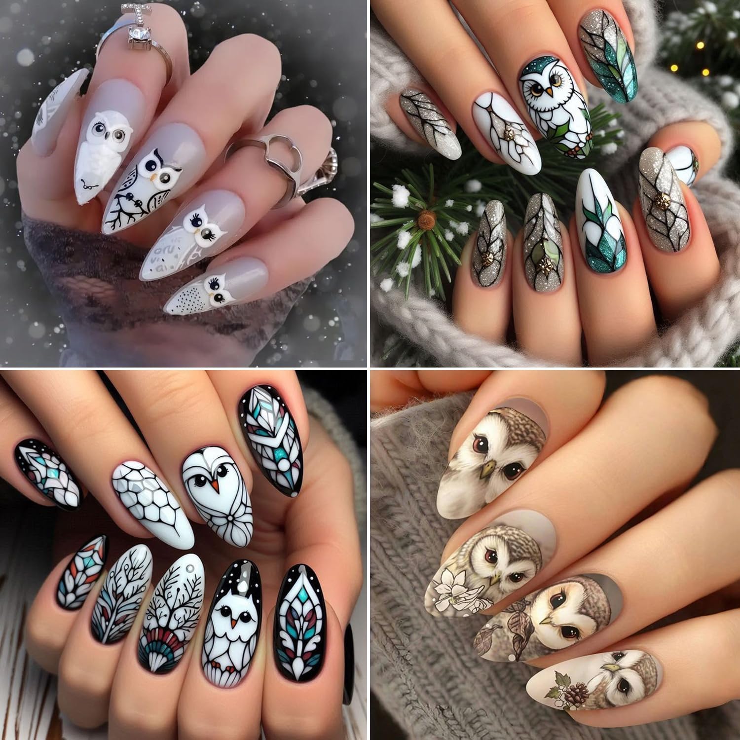 4pcs Christmas Nails Stickers Silver Glitter Leaves Line Owl Nail Art Design 3D Self-Adhesive Nail Decals Xmas Nail Sticker DIY Autumn Winter Manicure Art Supplies Decoration Accessories-Velvo Beauty