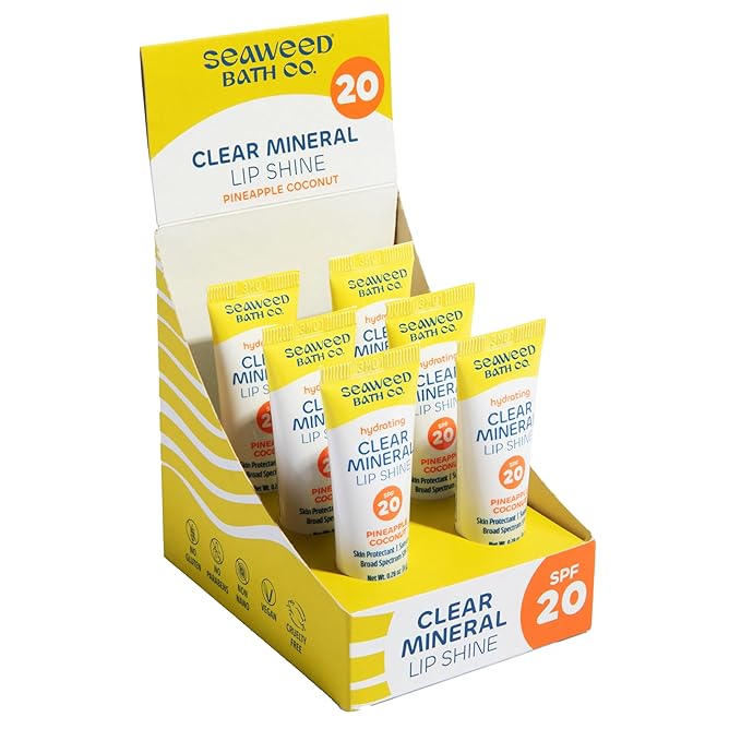Seaweed Bath Co. Hydrating Clear Mineral Lip Shine SPF 20 Sunscreen Zinc Oxide Lip Balm, 0.28 Oz (6 Pack), Moisturizing Care for Dry, Chapped Lips-Velvo Beauty