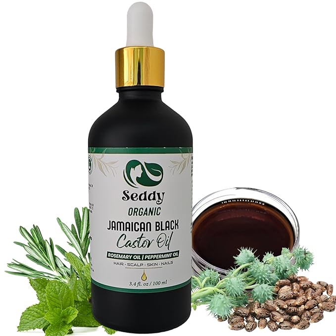 Seddy Organic Jamaican Black Castor Oil - with Rosemary & Peppermint in Glass Bottle - Cold Pressed | Hexane-Free | Promotes Hair Growth | Strengthens Hair | Hair Treatment Oil - 3.4 Fl. Oz-Velvo Beauty
