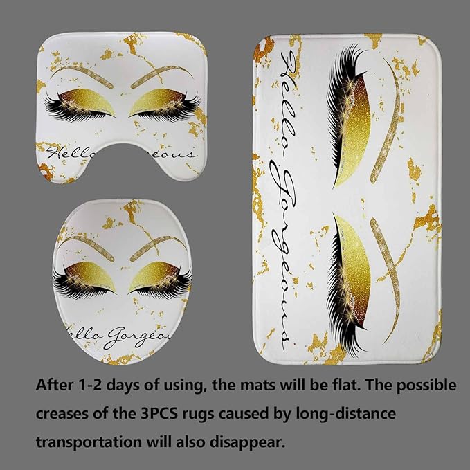 4PCS Hello Gorgeous Unicorn Eyelash Shower Curtain Set with Rugs, Luxury Diamond Gold Glitter Eyebrow Eyeshadow Makeup White Marble Glam Modern Fashion Women Bathroom Decor, Hello Gorgeous-Velvo Beauty