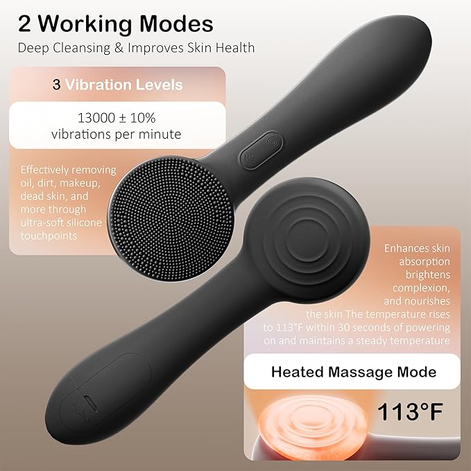 Facial Cleansing Brush Silicone Face Scrubber Waterproof Rechargeable Exfoliator Massage Device for Men & Women, Deep Pore Cleansing, Exfoliating, Removing Blackhead Electric Face Scrub Brush (Black)-Velvo Beauty