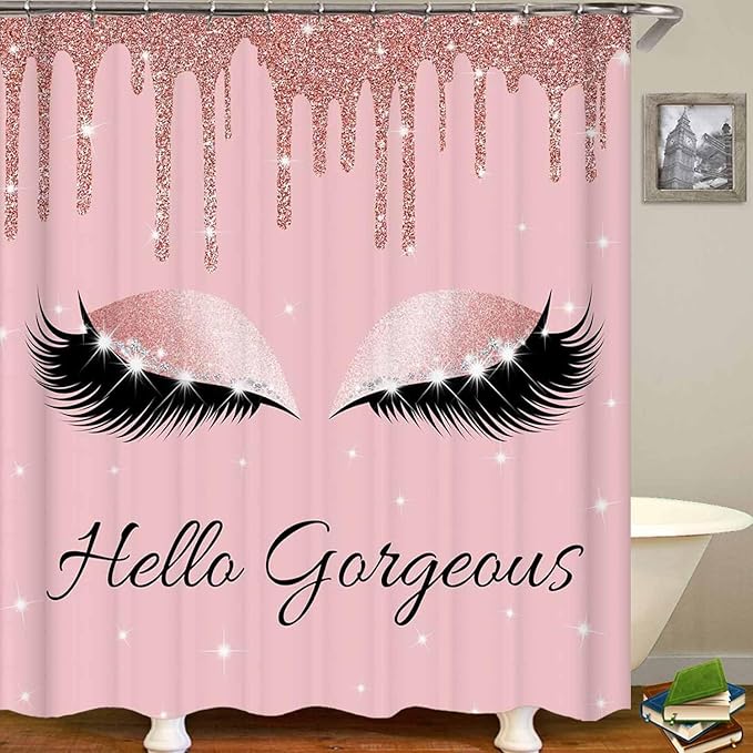 4PCS Hello Gorgeous Unicorn Eyelash Shower Curtain Set Luxury Diamond Rose Gold Glitter Eyeshadow Makeup Pink Glam Beauty Fashion Girly Women Bathroom Decor Non-slip Bath Mat Toilet Rug, Bling-Velvo Beauty