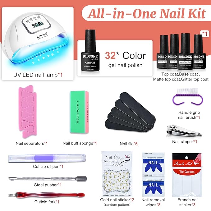 JODSONE Gel Nail Polish Kit with U V Light 32 Colors with Base Coat Matte Glitter Top Coat Gel Nail Set Manicure Salon Tools-Velvo Beauty