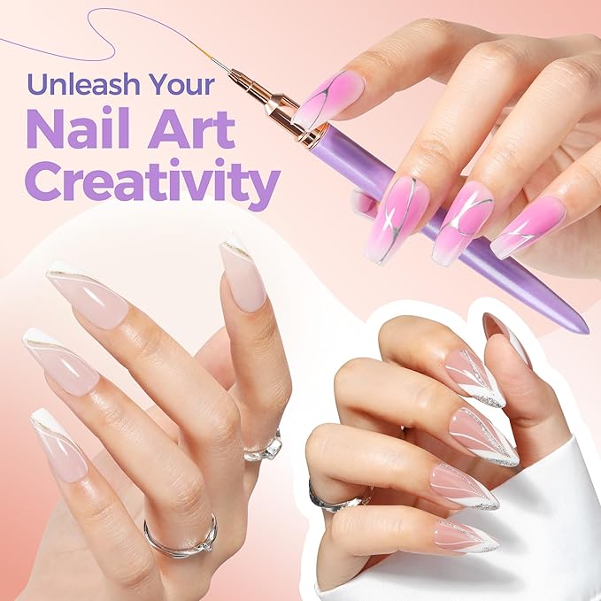 UNA GELLA Nail Art Pens Metallic, Liner Brushes Set For Nail Art Gel Polish, 5Pcs Purple Color, Detail Nail Art Design Painting Brush Set For Nails Gel Fine Drawing Nail Tools, Sizes 7/9/11/15/25mm-Velvo Beauty