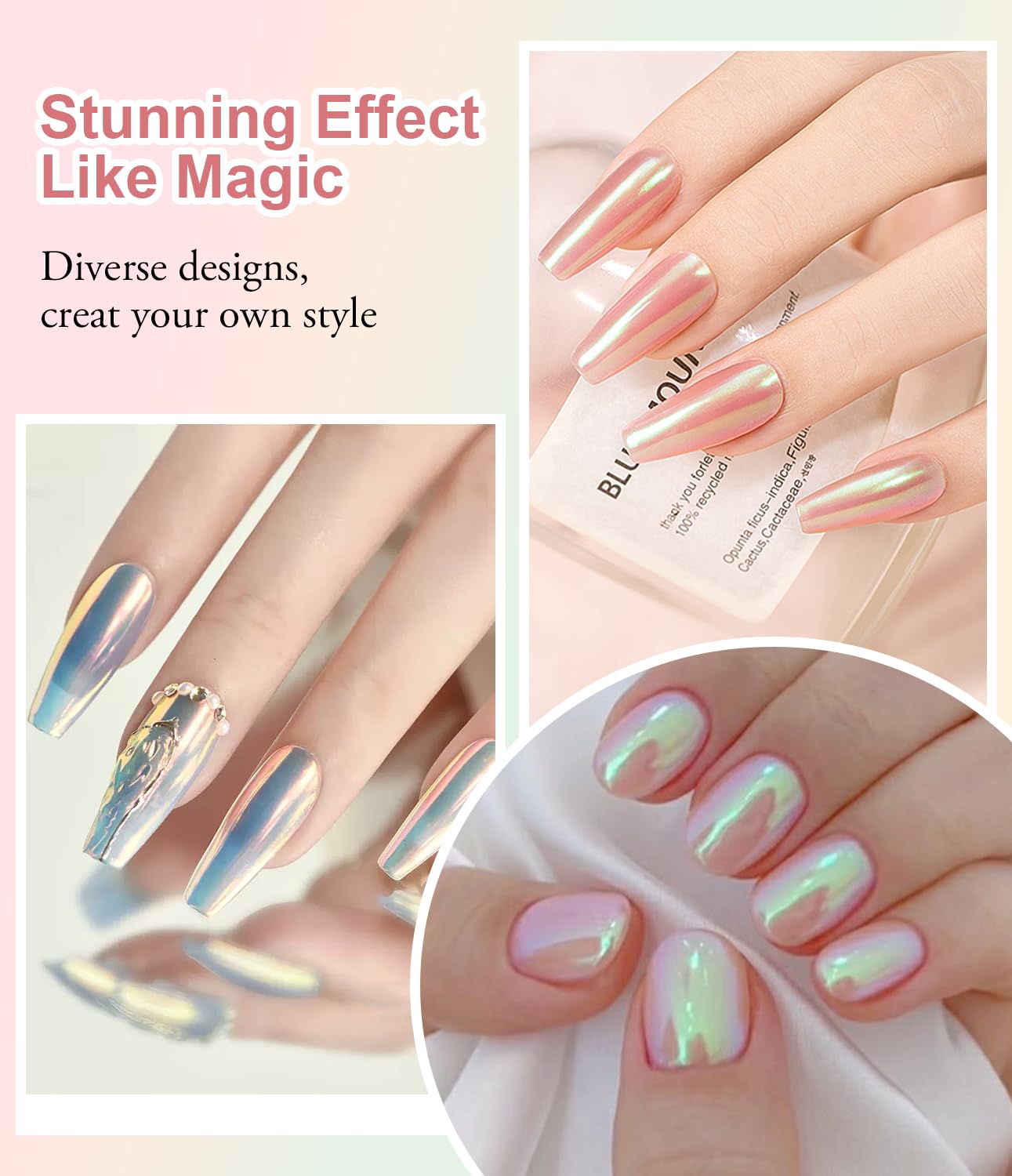 Chrome Nail Powder BISHENGYF: Super Metallic Effect Chrome Powder For Nails Gold Silver Red Laser White Pearl Nail Chrome Powder for Nails Art Decoration-Velvo Beauty