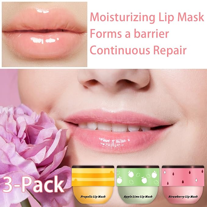 3 PCS Bee Lip Balm Honey Pot, Honey & Strawberry & Apple Lime Lip Mask Overnight Propolis Moisturizing Lip Balm Hydrating Prevention Dry and Crack Lip Scrubs Exfoliator Lip Wrinkle Care (Set A)-Velvo Beauty