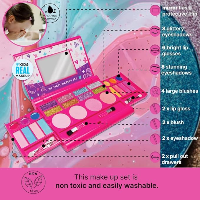 My First Makeup Set for Young Girls I Kids Makeup Kit for Little Girls I Foldable Makeup Palette with Makeup Mirror I Pink Set Makeup for Kids Vanity I Original Design Washable Toddler Makeup Kit Gift-Velvo Beauty
