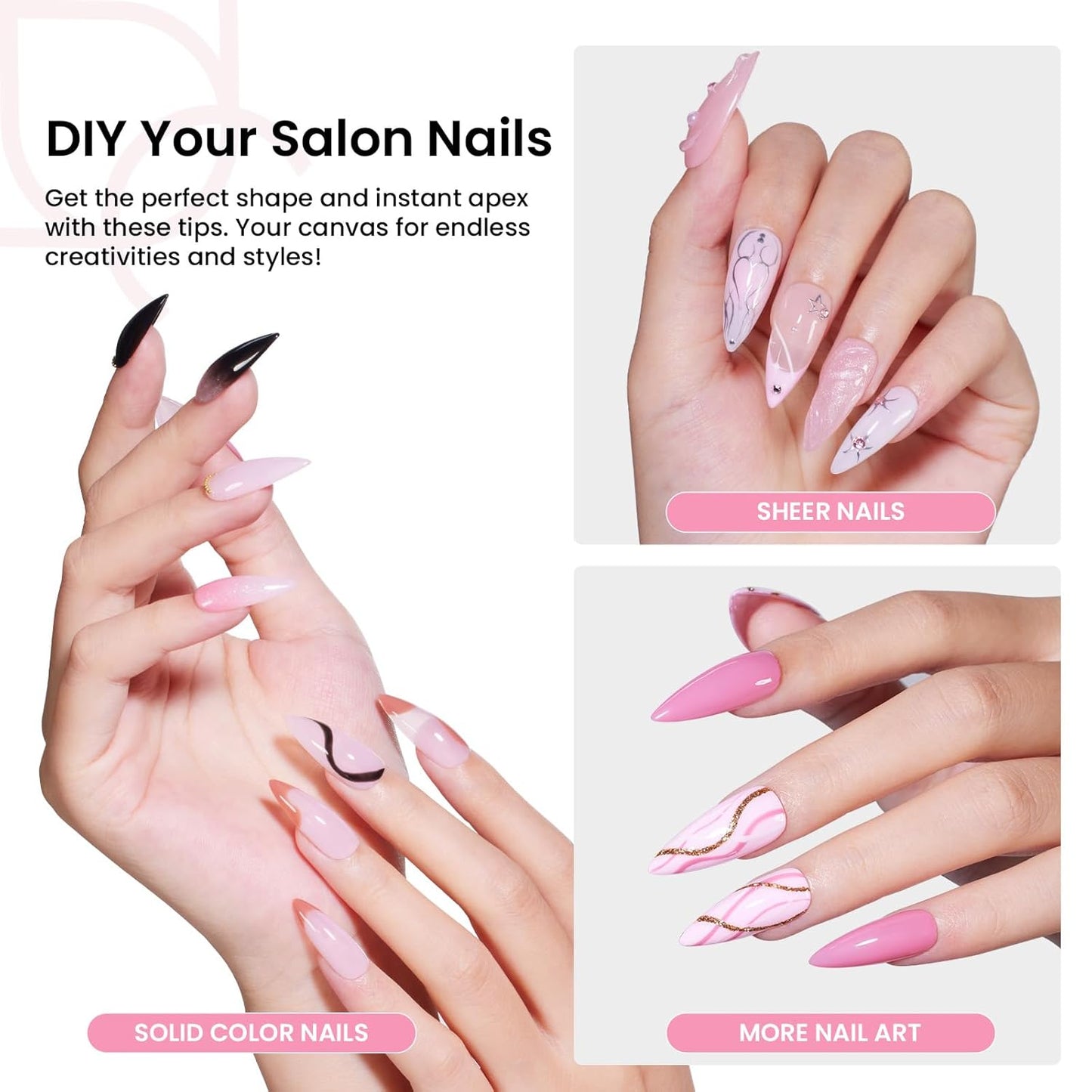 Beetles Tipex Instant Apex Nail Tips Kit Halloween Nails, Medium Stiletto, 224 Pcs 16 Sizes Pre-Building Pre-Etched False Nail Tips with Tipex Nail Glue, Mini Nail Lamp-Velvo Beauty