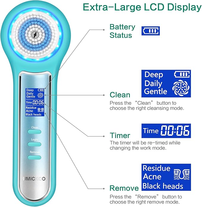 Face Scrubber Exfoliator,Facial Cleansing Brush Waterproof with LCD Screen,Blackhead Remover Vacuum with 5 Brush Heads,Face Spin Brush for Exfoliating (Blue-Blue)-Velvo Beauty