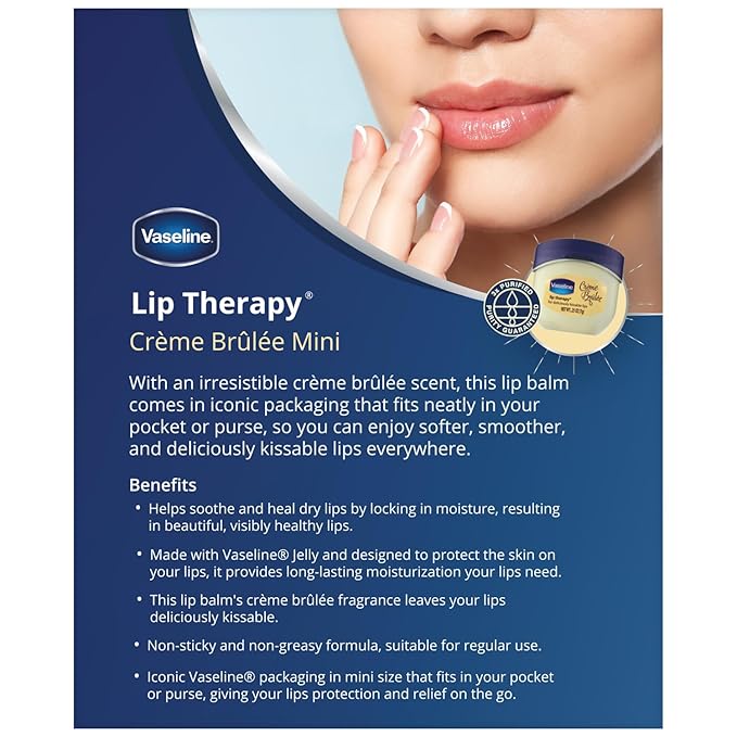 Vaseline Lip Therapy Creme Brulee Mini, White Petrolatum, Advanced Moisturizer, Relieves Dull and Dry Skin, Mini Vaseline Petroleum Jelly, Soft & Smooth Vaseline Lips (Pack of 6-0.25 Oz Ea) -Velvo Beauty