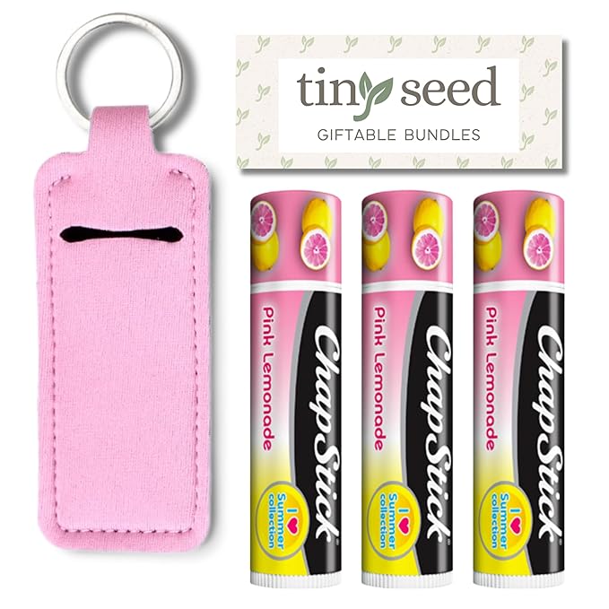 Pink Lemonade Chapstick 3-Pack. Includes Bonus Lip Balm Holder Keychain (Pink). Limited Edition Flavor from the Chapstick I Love Summer Collection, Unique Gift Bundle from Tiny Seed-Velvo Beauty