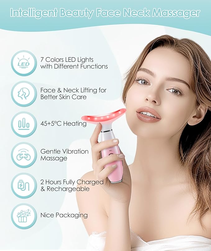 7 Color Neck Face Massager - Facial Massager Tool for Skin Care at Home, Vibrating Face Massager with Thermals, Pink-Velvo Beauty