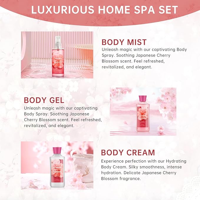 Bath Gift for Women and Girls, Japanese Cherry Blossom Spa Set With Natural Extracts, 3PCS Set - Shower Gel, Lotion, Mist, Personal Self Care Kit, Body Care Travel Set-Velvo Beauty