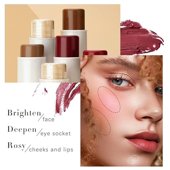 3 Colors Highlilghter Contour Blush Sticks Creamy Sticks for Cheeks, Eyes Cosmetics Stick Set, 3 in 1 Long Lasting Waterproof Moisturizer Makeup Sticks for All Skin-Velvo Beauty