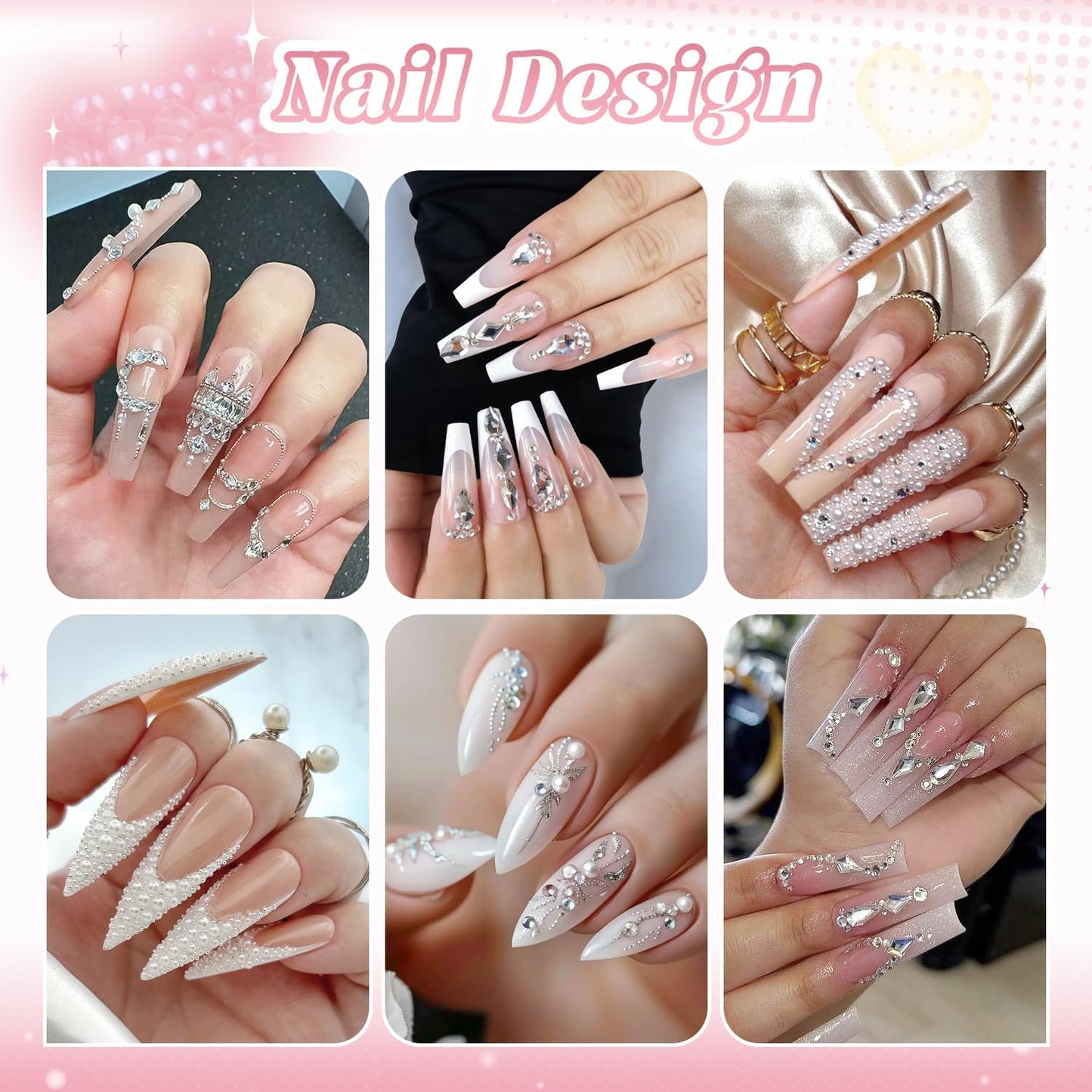 Flatback Pearls (White) and Metal Nail Beads and Glass Rhinestones with Rhinestones Glue Gel for Nail Art, Pearl Nail Charms and Round Caviar Beads Multi Shapes Crystals Gems for Manicure Decor-Velvo Beauty