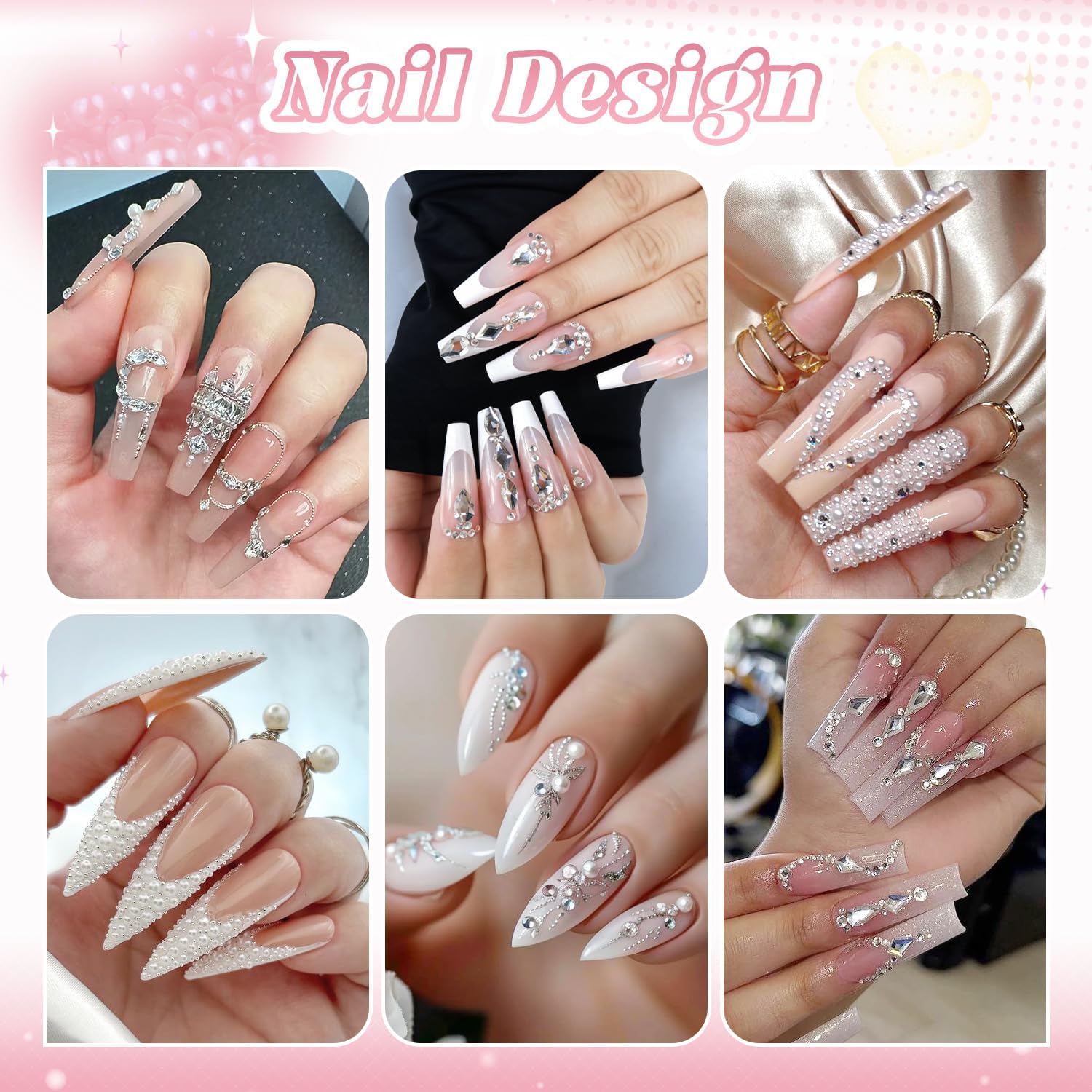 Flatback Pearls (White) and Metal Nail Beads and Glass Rhinestones with Rhinestones Glue Gel for Nail Art, Pearl Nail Charms and Round Caviar Beads Multi Shapes Crystals Gems for Manicure Decor-Velvo Beauty