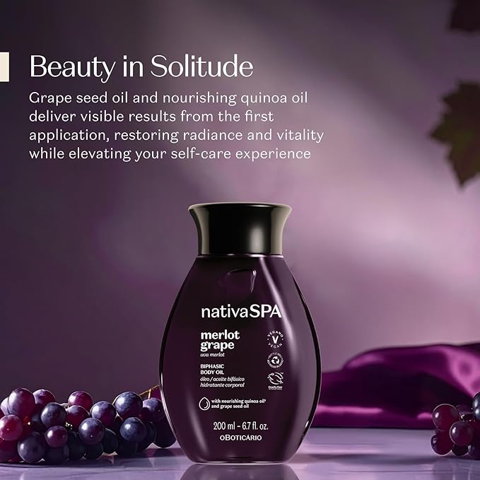 Nativa SPA by O Boticário Merlot Grape Biphase Body Oil, with Quinoa & Grapeseed Oils, Silky Glow with Hydration, 6.7 Ounce (200ml)-Velvo Beauty