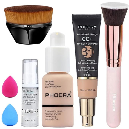 PHOERA Foundation,PHOERA CC Cream Foundation Color Correcting Anti Aging Hydrating Serum &SPF 25+,PHOERA Primer, PHOERA Makeup Foundation, Makeup Brushes (101 Porcelain+120 Nude CC Cream)-Velvo Beauty
