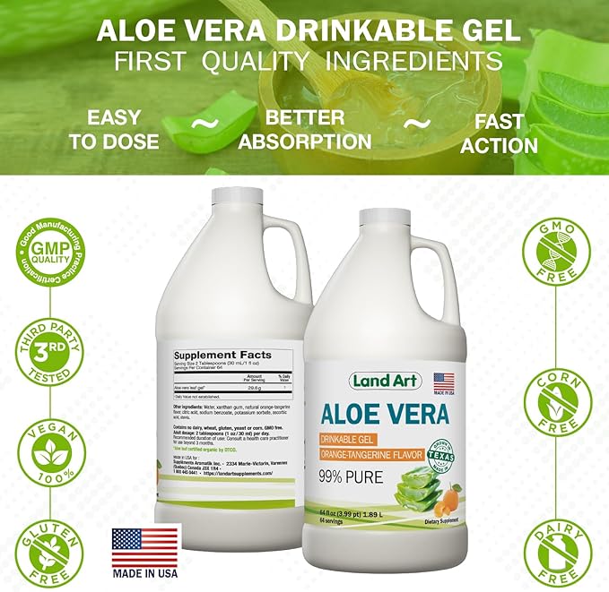 Pure Aloe Vera Drinkable Gel - Orange Tangerine Flavored - Cold-Processed Inner Filet - from Organic Fresh Leaves from Texas - for Heartburn Relief - Acid Reflux - 64 fl oz-Velvo Beauty