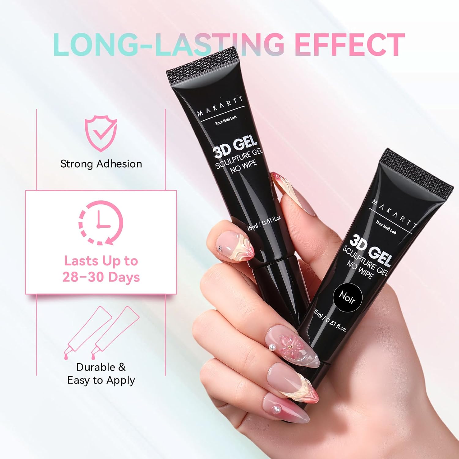 Makartt 3D Gel Nail Art Set – Clear & Noir Sculpting Gel for DIY Embossed Nail Designs – No Wipe Easy-Squeeze Tube Nail Glue for 3D Drawing, Molding, Rhinestones & Decoration (2 x 15g)-Velvo Beauty