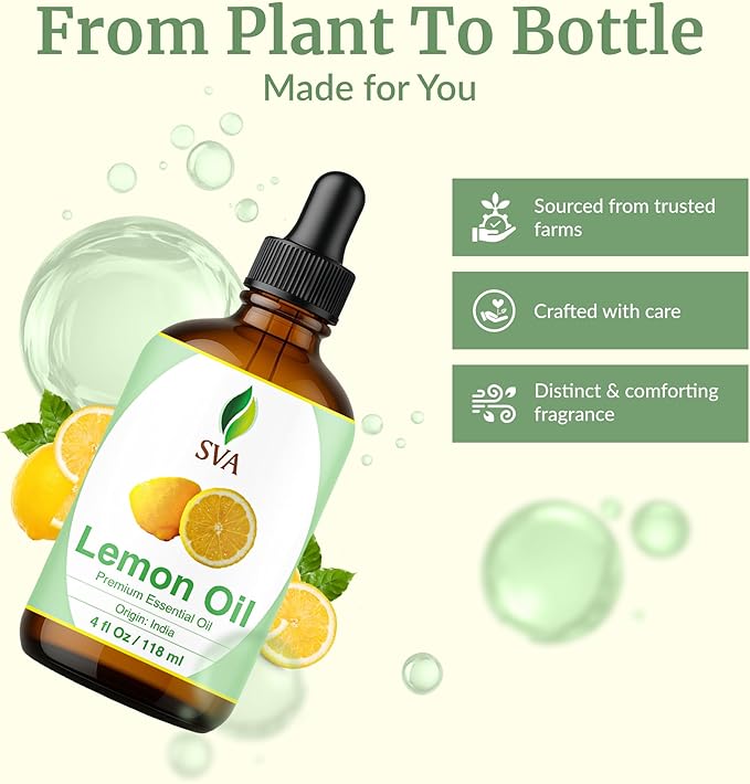 SVA Lemon Essential Oil – 4 Fl Oz – 100% Natural Lemon Oil - for Diffuser, Hair Care, Face, Skin Care, Aromatherapy, Scalp and Body Massage, Soap and Candle Making – with Dropper-Velvo Beauty