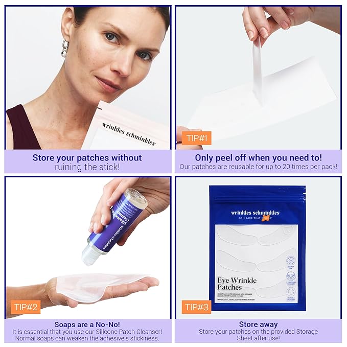 Wrinkles Schminkles Under Eye Wrinkle Starter Pack - Set of Reusable Under Eye Wrinkle Patches (3 pairs) + Silicone Patch Cleanser (2 oz) for Smoother Under Eyes & Fresh Look-Velvo Beauty